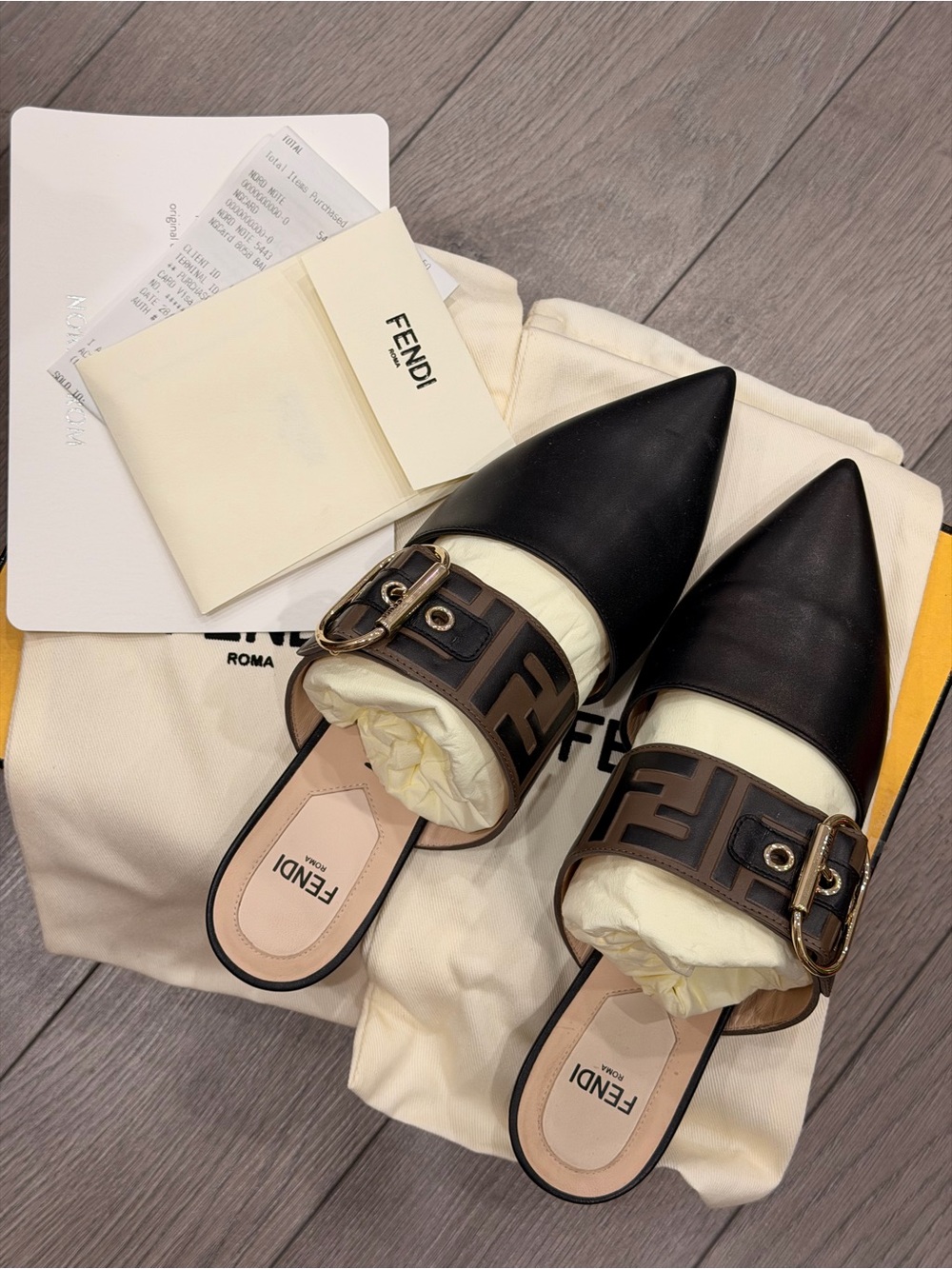 Fendi Black & Brown FF Logo Buckle Pointed-Toe Mule